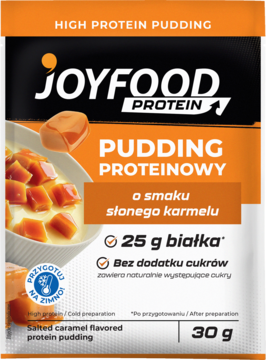 Saszetka Joyfood Protein Pudding o smaku słonego karmelu, biało-pomarańczowa, 25g białka, widok z przodu.