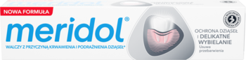 Biała pasta do zębów meridol Ochrona Dziąseł i Delikatne Wybielanie, widok z przodu opakowania.