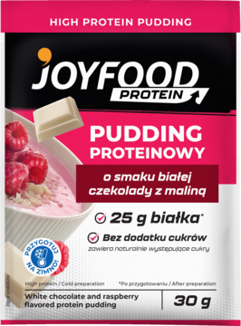 Joyfood Protein Pudding w biało-różowej saszetce, smak białej czekolady i maliny, 25g białka, widok z przodu.