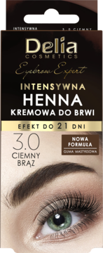 Delia Eyebrow Expert kremowa henna do brwi, kolor 3.0 Ciemny Brąz. Ciemne opakowanie z okiem.