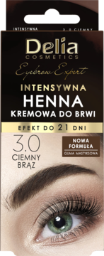 Delia Eyebrow Expert kremowa henna do brwi, kolor 3.0 Ciemny Brąz. Ciemne opakowanie z okiem.