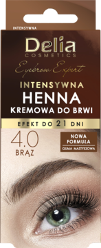 Delia Eyebrow Expert henna kremowa 4.0 brąz. Opakowanie z okiem, efekt do 21 dni. Wzbogacona żywicą mastyksową.