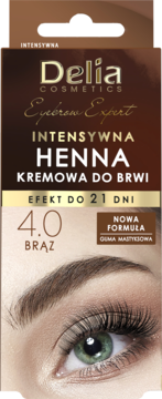 Delia Eyebrow Expert henna kremowa 4.0 brąz. Opakowanie z okiem, efekt do 21 dni. Wzbogacona żywicą mastyksową.