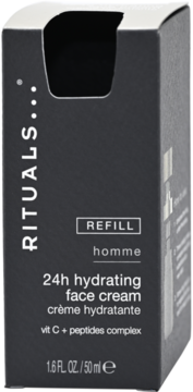 Rituals Homme 24h hydrating face cream refill, dark grey box, white text, Vit C + peptides, front angled.