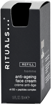 Rituals Homme krem przeciwzmarszczkowy refill 50ml, czarne pudełko z wycięciem, wit. B3 + peptydy, widok z przodu.