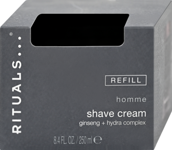 Ciemnoszare pudełko Rituals Homme Shave Cream Refill, z widocznym napisem 'ginseng + hydra complex', z przodu.
