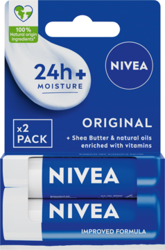 NIVEA Original Care pomadka ochronna z masłem shea i olejkami, zestaw 2x, 24h nawilżenia, niebieskie opakowanie, widok z przodu.
