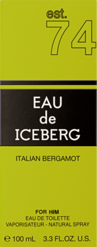 Zielony kartonik męskiej wody toaletowej Eau de Iceberg Italian Bergamot 100ml, z czarnym pasem, widok z przodu.