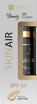 Krem CC HiSkin Beauty SKINAIR SPF 50 Jasny Beż w białym opakowaniu z widoczną czarno-złotą tubką i swatch.