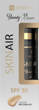 Hiskin Beauty CC Cream Skinair SPF 50, w beżowym pudełku, z widoczną czarną butelką i próbką naturalnego odcienia.
