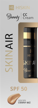 Hiskin Beauty CC Cream SPF 50 Skinair, odcień Ciemny Beż, w opakowaniu z widoczną butelką i próbką.