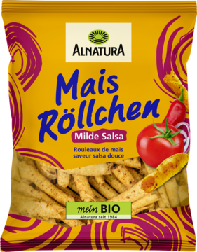Żółta paczka Alnatura Mais Röllchen Milde Salsa, chrupiące kukurydziane rurki z warzywami, widok z przodu.