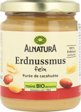 Alnatura Erdnussmus fein, gładki bio krem z orzechów ziemnych, 100% orzechów, w szklanym słoiku z zakrętką, widok przód.