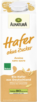 Biały karton Alnatura Hafer ohne Zucker (napój owsiany bez cukru), widok frontalny, z niemieckim i francuskim tekstem.