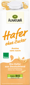Alnatura Bio Hafer napój owsiany bez cukru, biały karton z pomarańczowym tłem i napisem, widok z przodu.