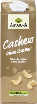 Alnatura napój orzechowy Cashew bez cukru, brązowy karton z białym tekstem i orzechami nerkowca, widok z przodu.