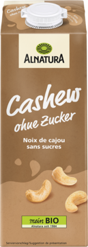 Alnatura napój nerkowcowy bez cukru, brązowy karton z białym napisem i trzema orzechami nerkowca.