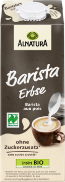 Alnatura Barista Erbse, napój grochowy UHT, bez cukru, brązowy karton z białym wieczkiem i filiżanką kawy latte.