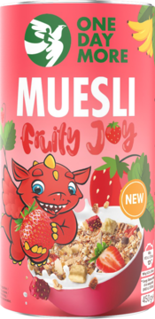 Różowe opakowanie OneDayMore Musli Fruity Joy z truskawkami, bananami i uśmiechniętym smokiem. Widok z przodu.