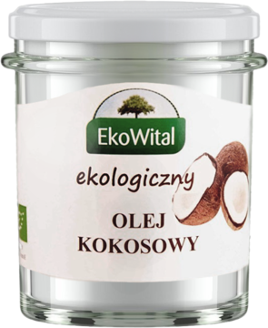 Szklany słoik organicznego oleju kokosowego EkoWital. Widok z przodu, z etykietą i dwoma połówkami kokosa.