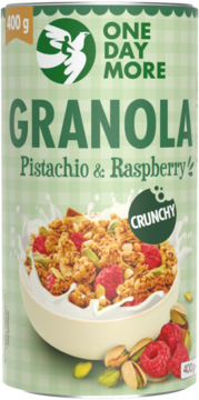 ONEDAYMORE ,granola z pistacjami, liofilizowanymi malinami i białą czekoladą,przód