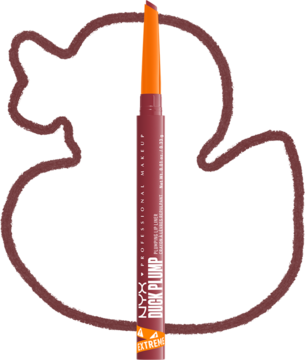 Kremowa konturówka NYX Duck Plump Flirty Flip z wysuniętą pomarańczową końcówką, otoczona zarysem kaczki.