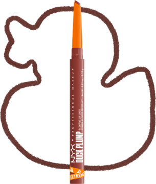 NYX Duck Plump Plumping Lip Liner Swollen Spice, brązowa kredka z pomarańczową końcówką, na tle konturu kaczki.