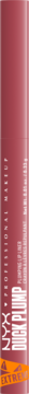 NYX Duck Plump Pinkjection, kremowa konturówka do ust, bordowa z pomarańczowym logo, widok z przodu.