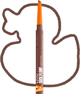 Konturówka NYX Duck Plump Plumping Lip Liner, brązowa z pomarańczową końcówką, na tle brązowego zarysu kaczki.