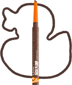 Kremowa konturówka NYX Duck Plump Syringe Sienna z pomarańczową końcówką, rysująca brązową kaczkę.
