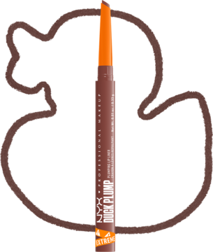 Kremowa konturówka NYX Duck Plump Nude Flip w kolorze brązowym, z wysuniętą końcówką i pomarańczowym akcentem, otoczona konturem kaczki.