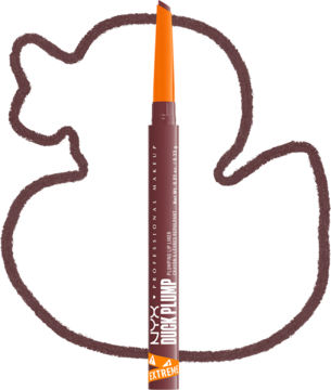 NYX Duck Plump Lip Liner w odcieniu Fill Em' In, ciemny brąz, z widoczną końcówką i zarysem kaczki.