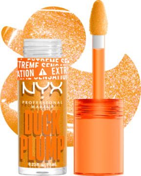 NYX Duck Plump błyszczyk powiększający usta, pomarańczowy z brokatem, widoczny aplikator.