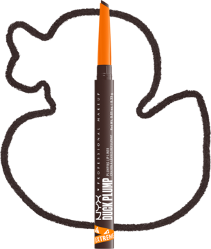 NYX Duck Plump brązowa konturówka do ust z pomarańczowym aplikatorem, obrysowująca kształt kaczki.