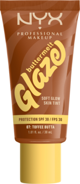 NYX buttermelt Glaze Soft Glow Skin Tint SPF 30 Toffee Butta, brązowa tubka z żółtym korkiem, widok z przodu.