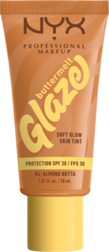 Tubka NYX Buttermelt Glaze Soft Glow Skin Tint 04 Almond Butta SPF 30, pomarańczowa z żółtym napisem Glaze.