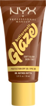 Brązowy tint NYX Buttermelt Glaze Soft Glow SPF 30 Nutmeg Butta w tubce, widok z przodu.