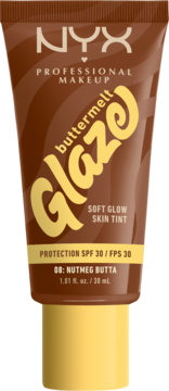 Brązowy tint NYX Buttermelt Glaze Soft Glow SPF 30 Nutmeg Butta w tubce, widok z przodu.