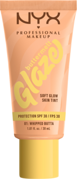 NYX Buttermelt Glaze Soft Glow Skin Tint SPF 30 w brzoskwiniowej tubce z żółtym napisem, odcień Whipped Butta, widok z przodu.