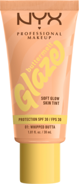 NYX Buttermelt Glaze Soft Glow Skin Tint SPF 30 w brzoskwiniowej tubce z żółtym napisem, odcień Whipped Butta, widok z przodu.