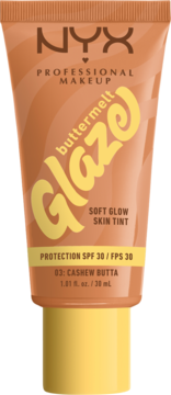 NYX Buttermelt Glaze Soft Glow Skin Tint 03 Cashew Butta, brązowa tubka z żółtą zakrętką, widok z przodu.