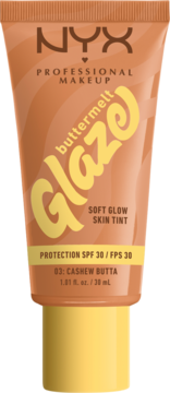 NYX Buttermelt Glaze Soft Glow Skin Tint 03 Cashew Butta, brązowa tubka z żółtą zakrętką, widok z przodu.