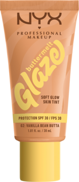 NYX Buttermelt Glaze Soft Glow Skin Tint SPF30 Vanilla Bean Butta w beżowej tubce, widok z przodu.