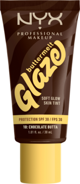 NYX Buttermelt Glaze Skin Tint SPF30, odcień Chocolate Butta, w brązowej tubce z żółtą zakrętką, widok z przodu.