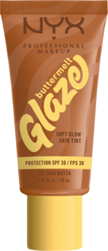 NYX Buttermelt Glaze Soft Glow Skin Tint, shade Chai Butta, brown tube, yellow cap, SPF 30.