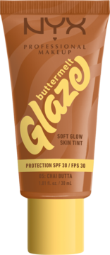 NYX Buttermelt Glaze Soft Glow Skin Tint, shade Chai Butta, brown tube, yellow cap, SPF 30.