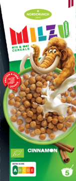 Milzu Original Rye & Oat Cereals cynamonowe, na zielono-białym opakowaniu miska kulek z mamutem, Nutri-Score A.