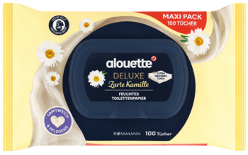 Alouette Deluxe, nawilżany papier toaletowy rumiankowy, 100 sztuk, żółto-białe opakowanie, widok z przodu.