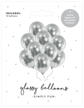 Balony srebrne Glossy, 10 sztuk, z metalicznym połyskiem, w białym opakowaniu z przezroczystym okienkiem.