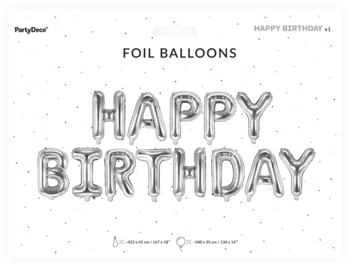 Srebrny balon foliowy "Happy Birthday" od PartyDeco w opakowaniu z konfetti, widok z przodu.